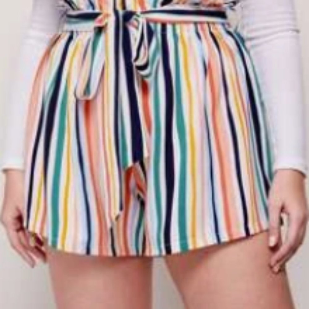 SHEIN Plus Paperbag Waist Belted Colorful Striped Shorts 3XL
